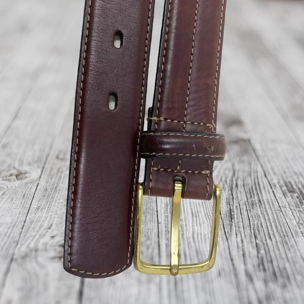 Vintage Classic Brown Harness Leather Seamed Belt Men's Sz 38 Solid Brass Buckle